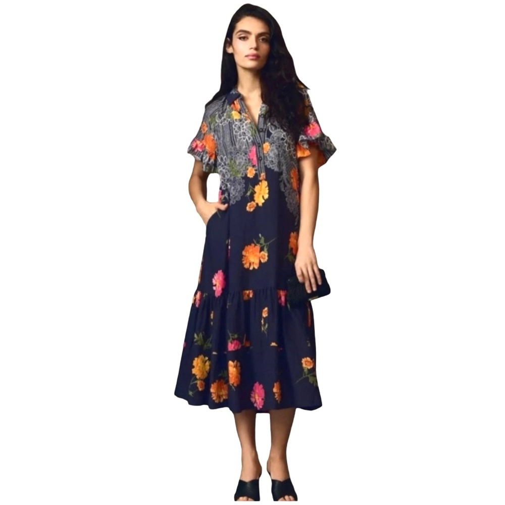 Anthropologie Floral Ruffle Blue Motif Maxi Dress relaxed fit Bohemian A-Line - Picture 6 of 11